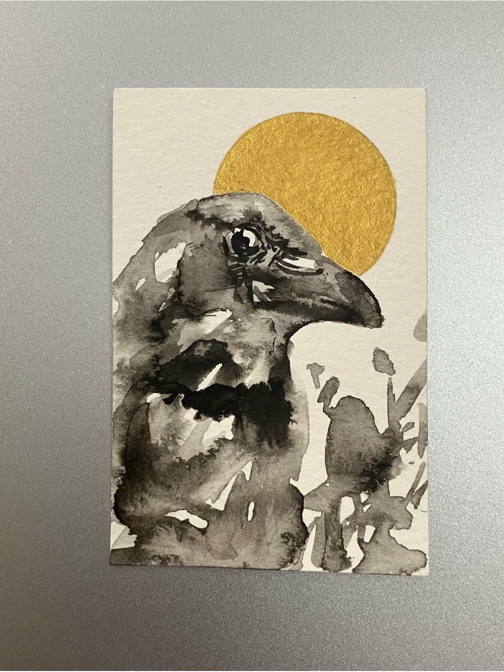 Original raven crow miniature realism painting sumi-e style art ink collectible